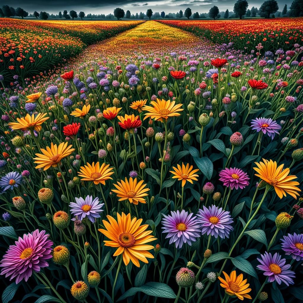 Hyperrealistic Field of Flowers in Cinematic Composition