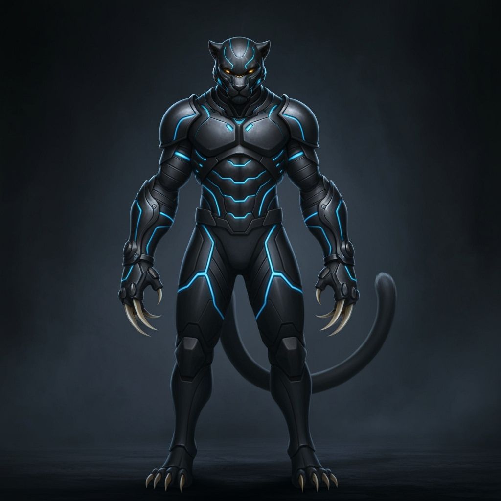 Futuristic Black Panther Warrior in Blue Accented Armor