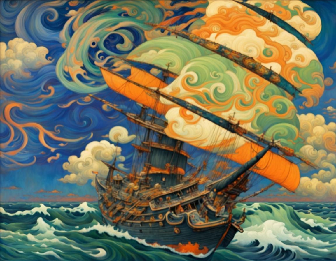 Samurai Corsair Ship in Maximalist Art Style