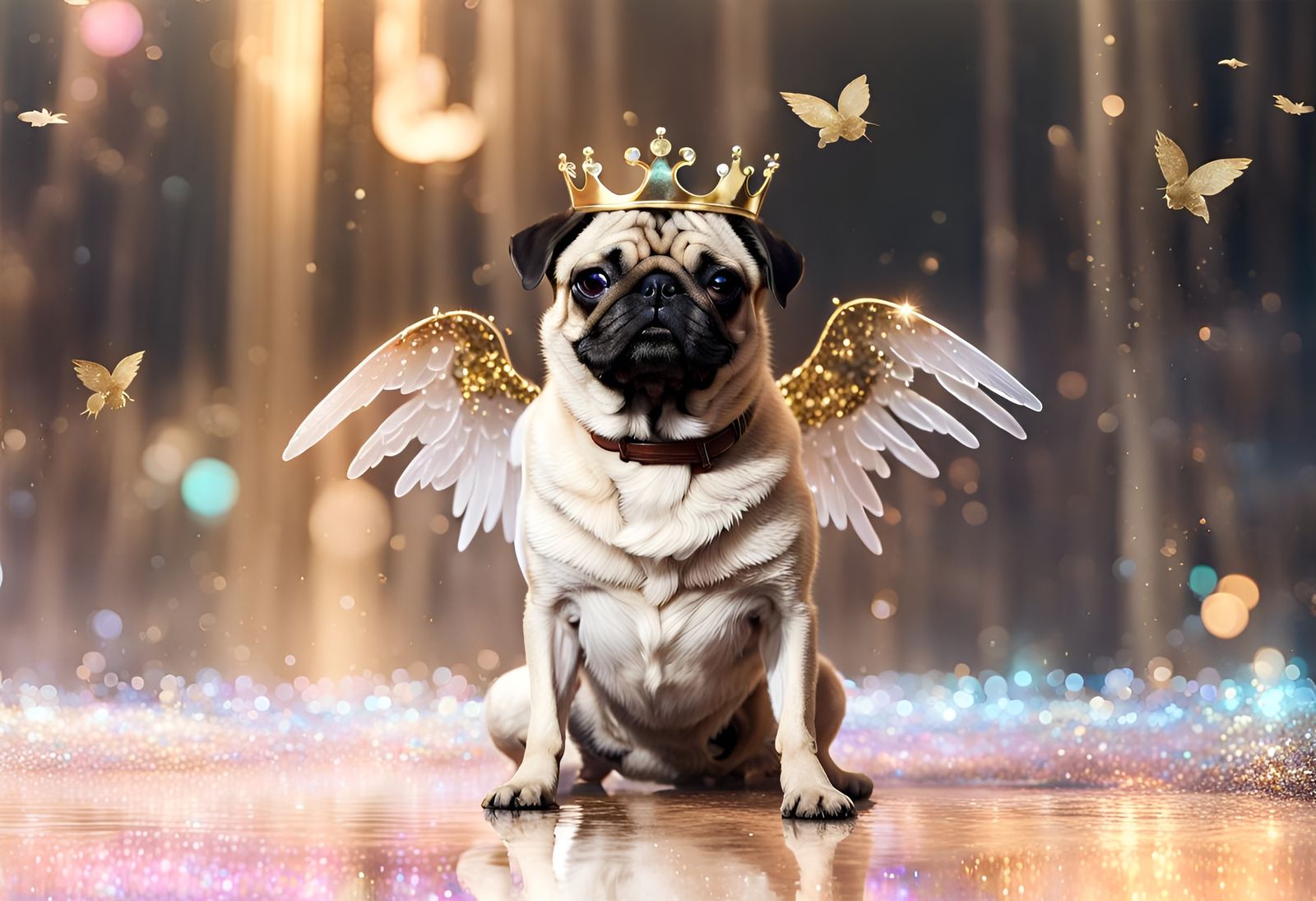 Winged Pug with Crown in Magical Setting