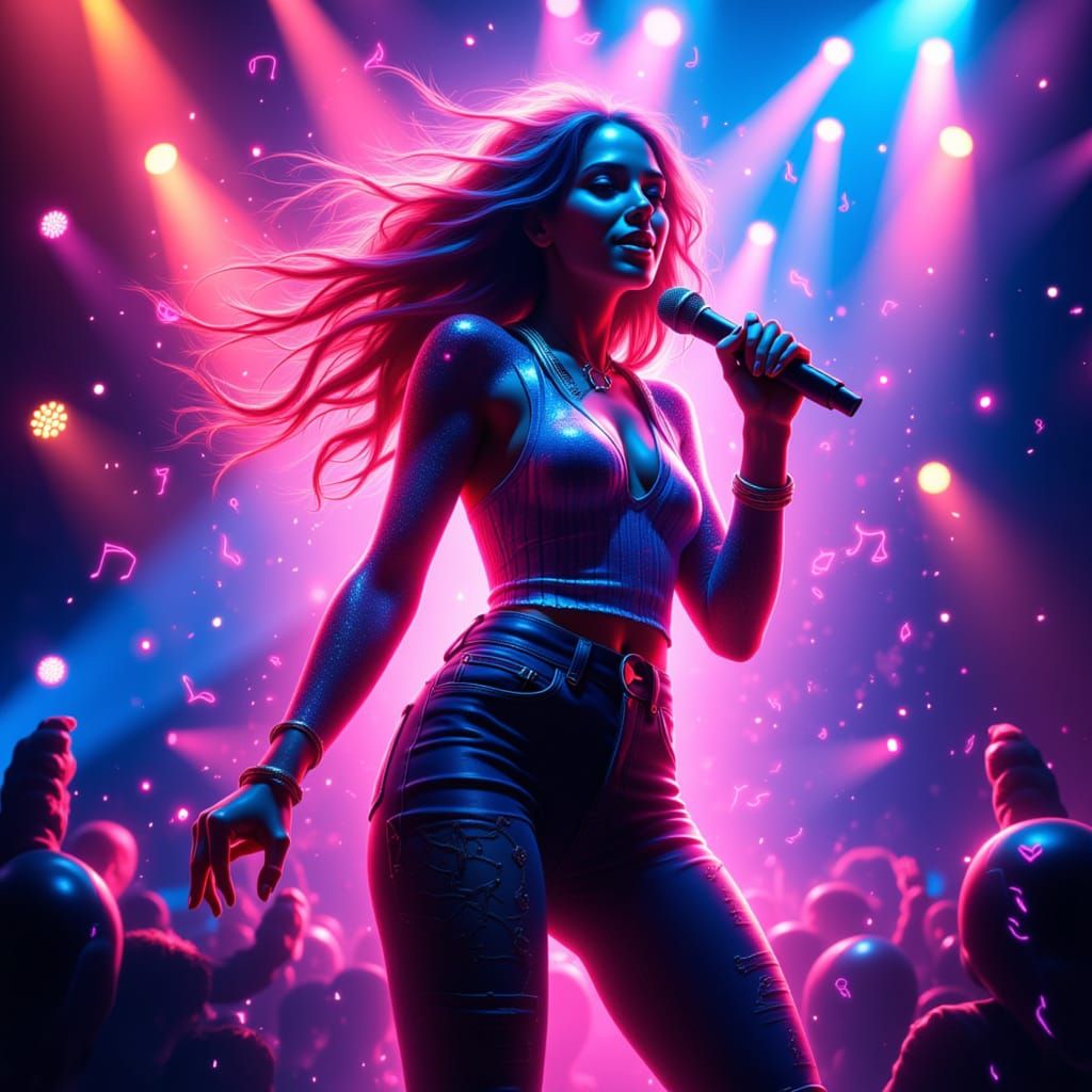 Pop Star Singing with Magical Music Notes on Stage