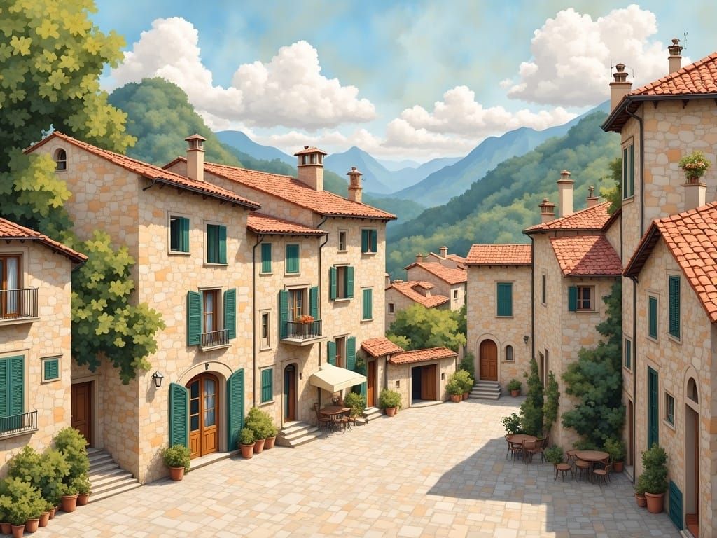 Quaint Stone Village in Idyllic Mountain Landscape