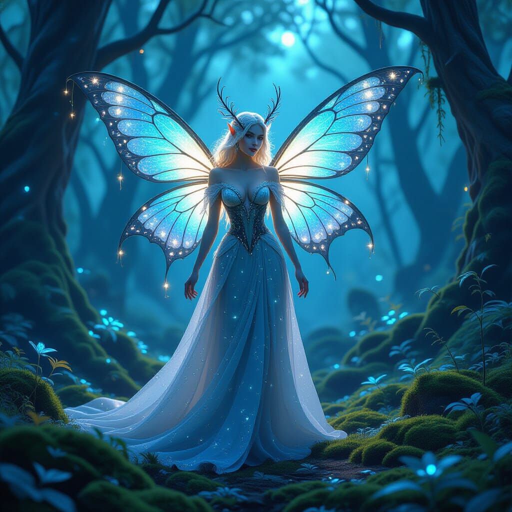 Ethereal Elven Woman in Bioluminescent Forest