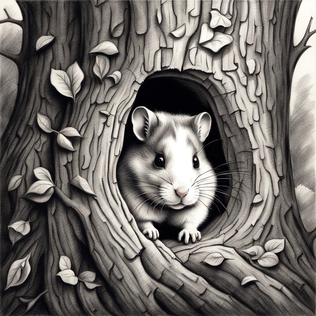 Hamster in Tree: Hyperdetailed Charcoal Drawing