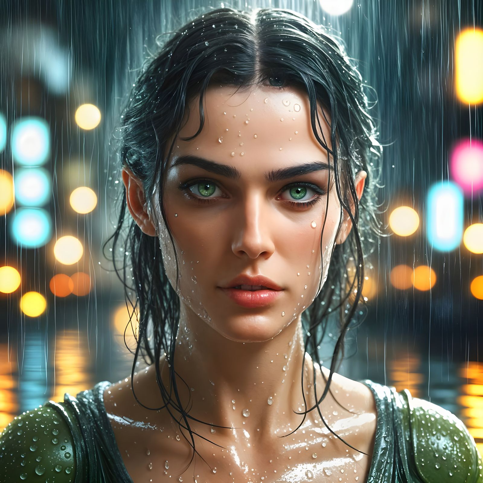Wet Skin Portrait in Rainy Cityscape