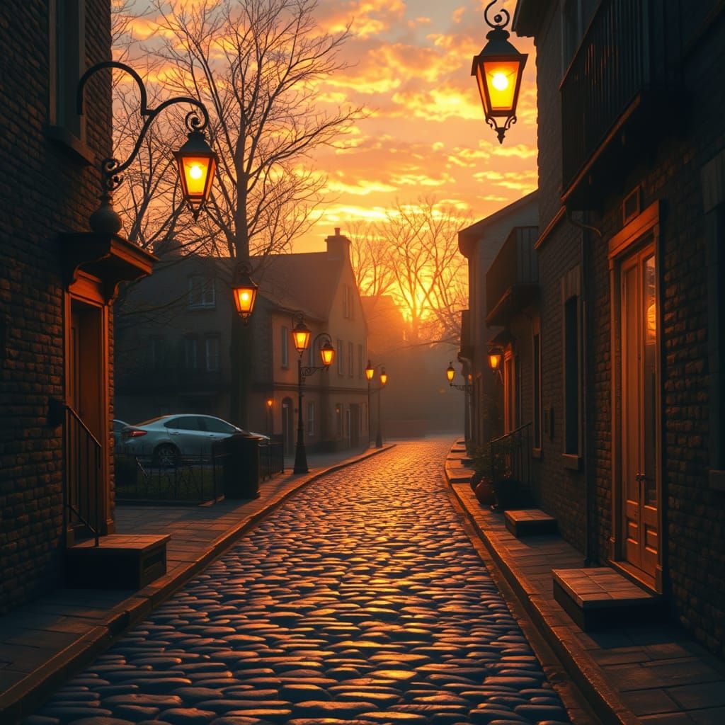 Warm Sunset Glow on Cobblestone Streets in Impressionist Sty...