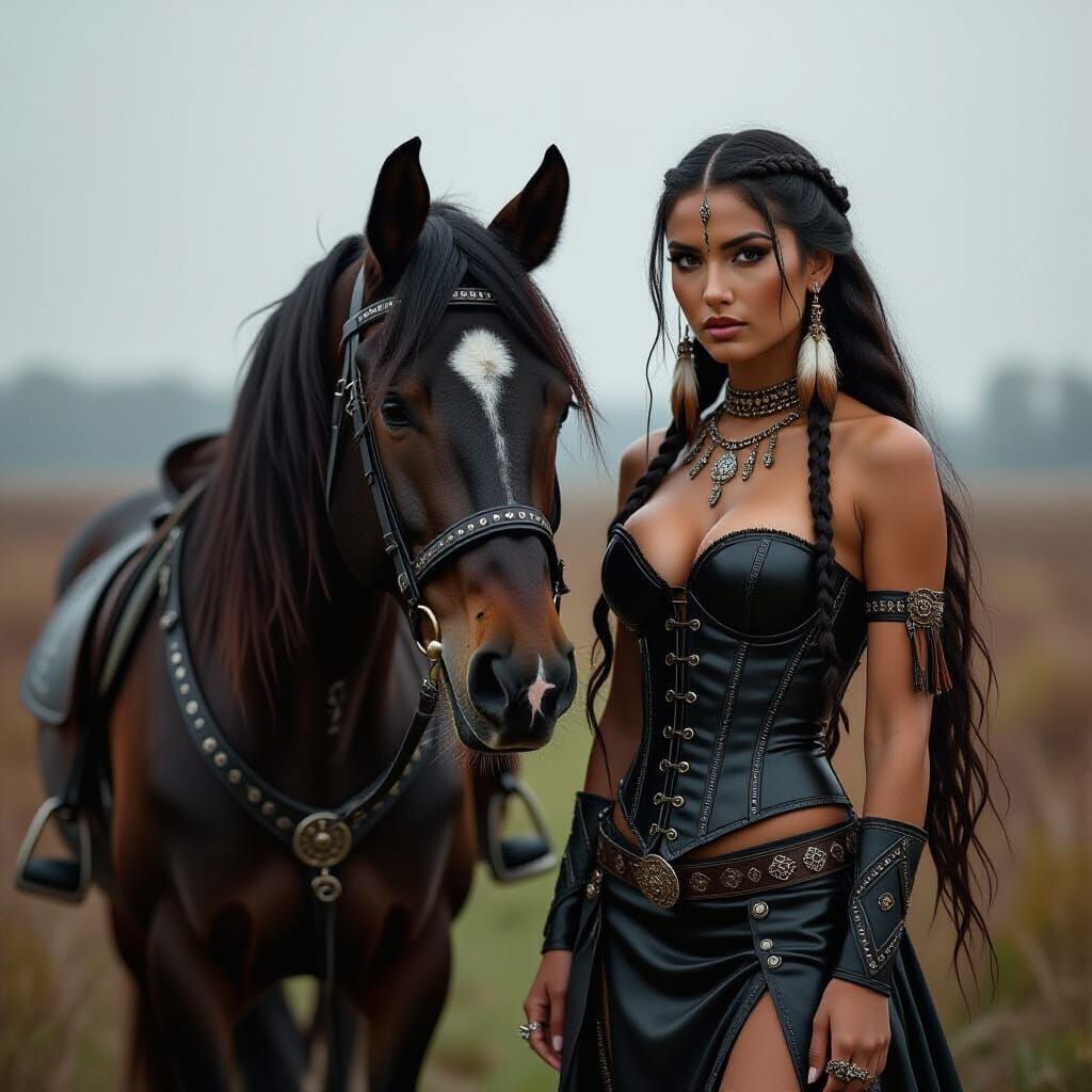 A photorealistic scene of a gothic–tribal Indian woman stand...