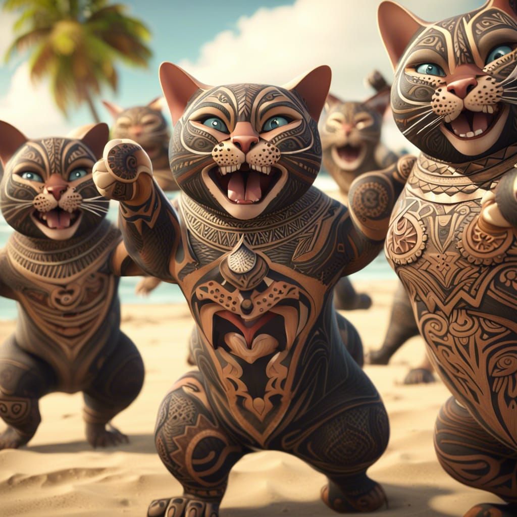 Maori Cats Haka Dance on Island Beach