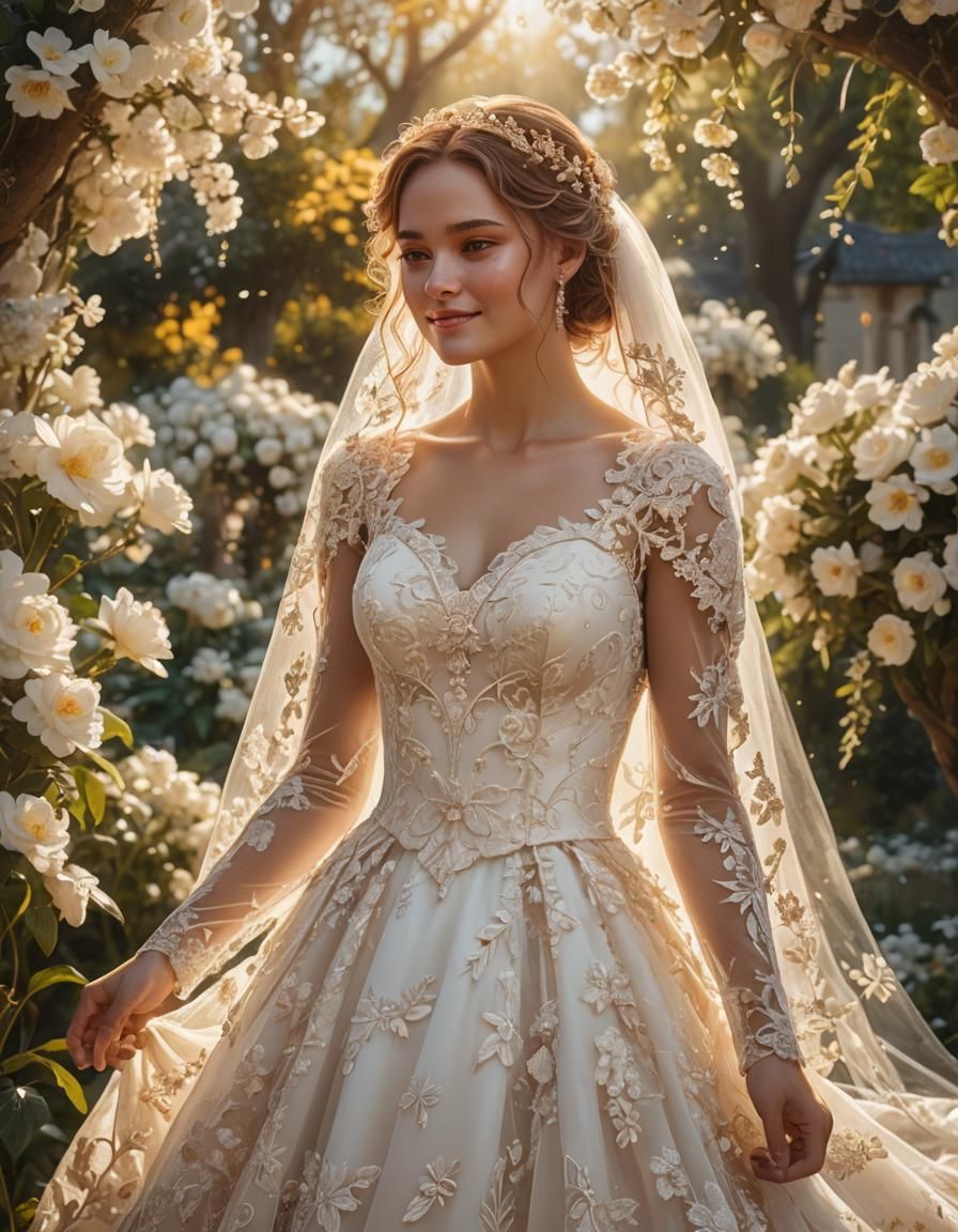 Bride in Serene Garden: Fantasy Art Nouveau Illustration