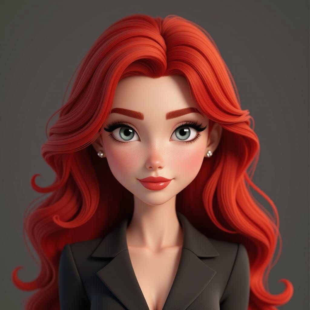 Redhead Woman With Grey Eyes in Pixar Animation Style