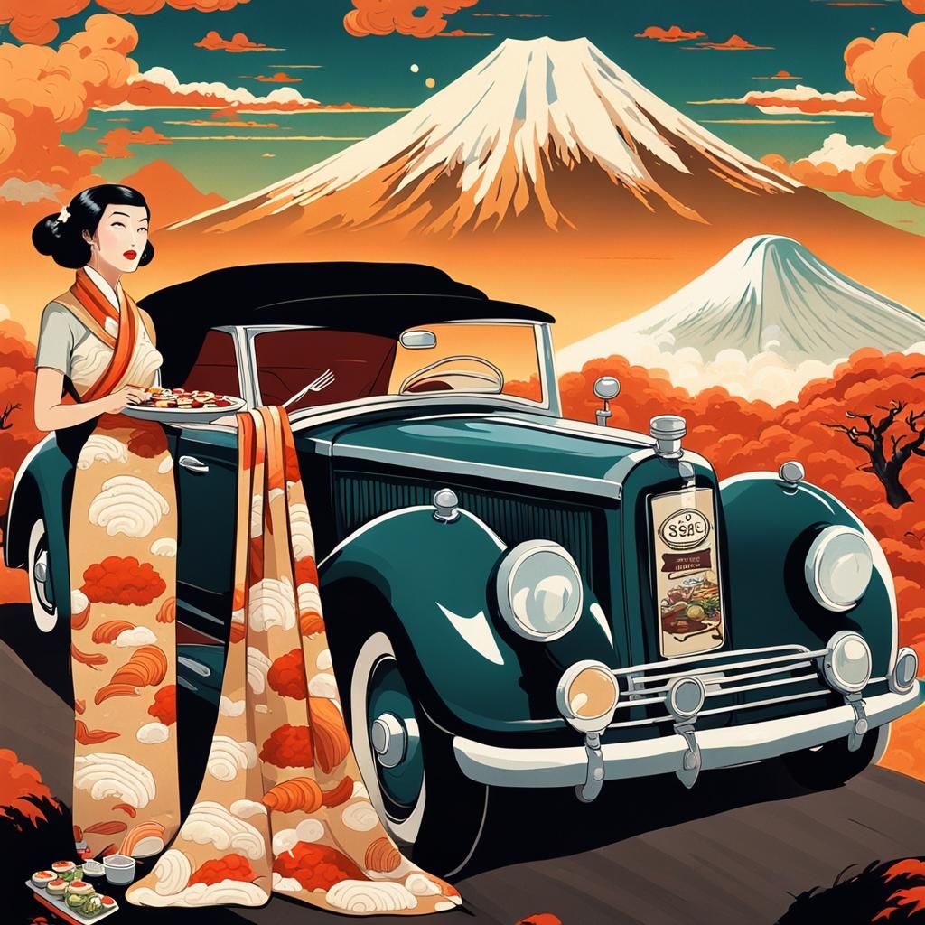 1930s Travel Poster Art: Asian Woman Eating Sushi