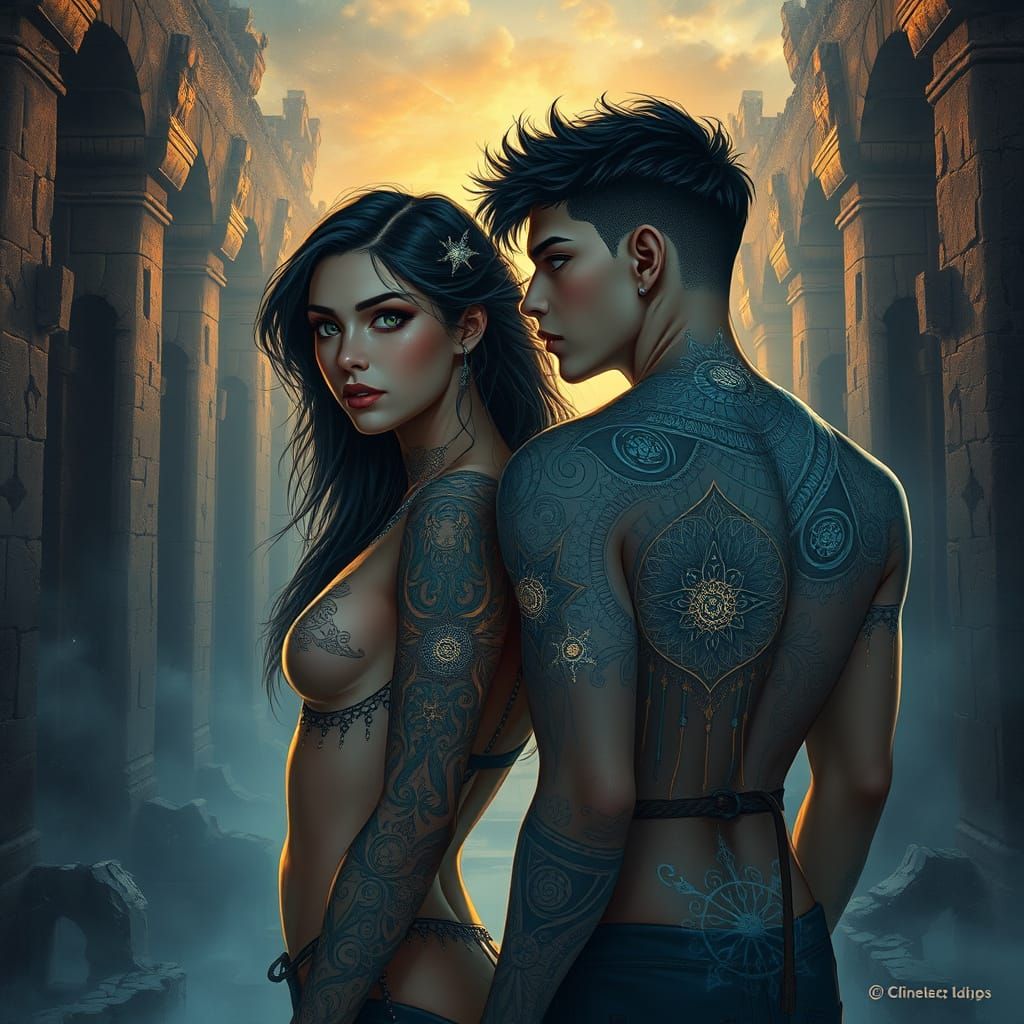 Teen Couple with Celestial Tattoos in Misty Ruins