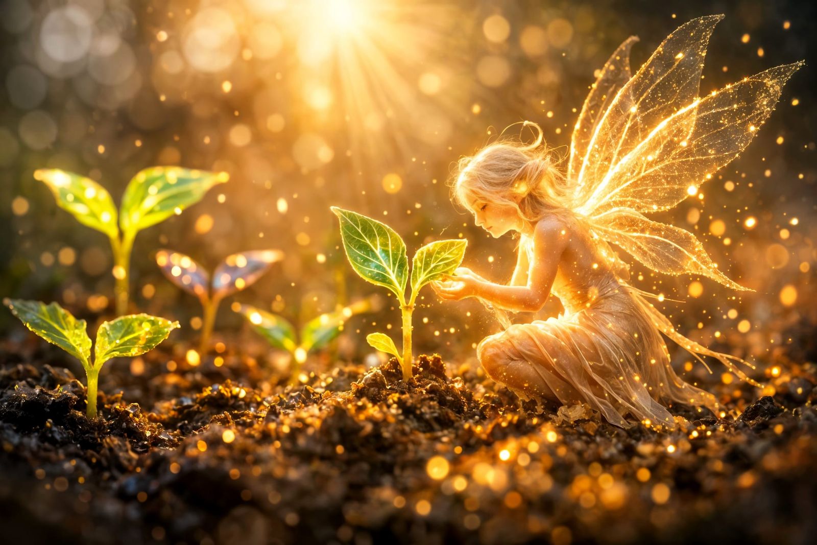 Ethereal Fey Spirit Tends Glowing Sproutlings at Sunrise