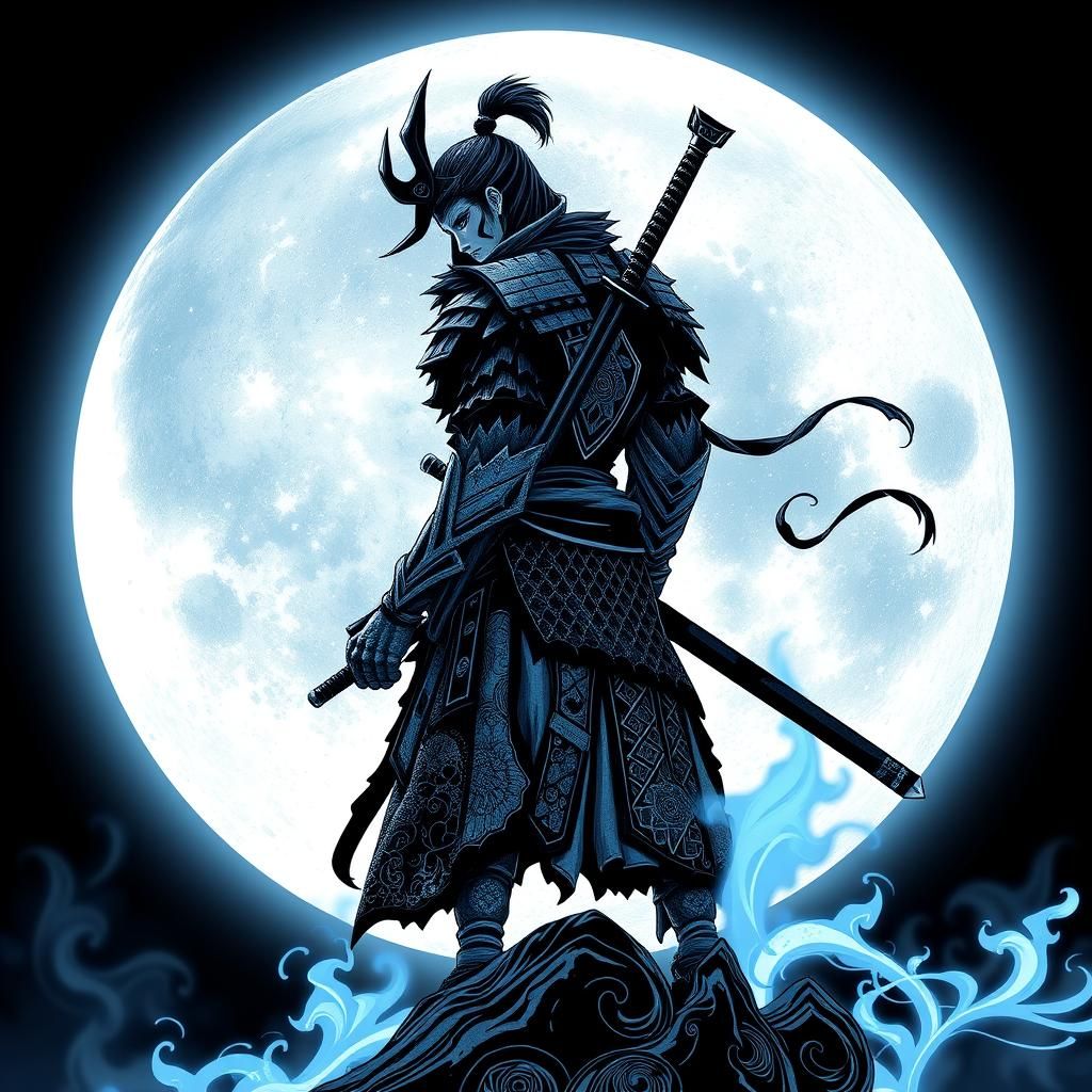 Samurai on the Moon with Blue Flames