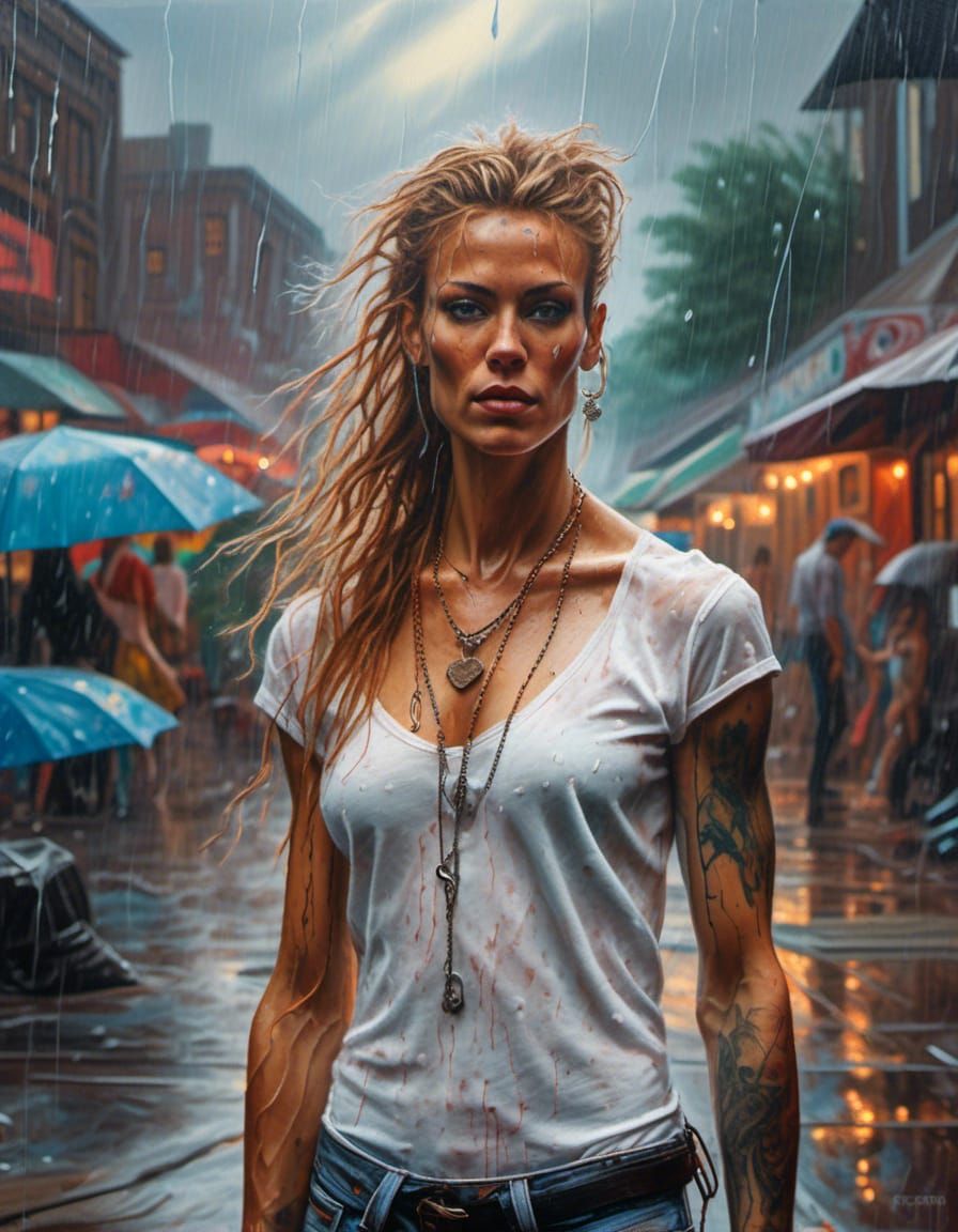 Rain-Soaked Man and Woman in Photorealistic Style