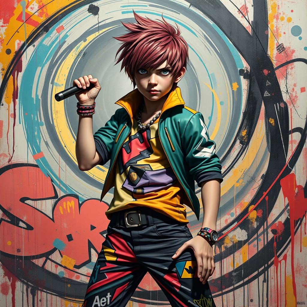 Scott Pilgrim Posing with Graffiti in Comic Book Style