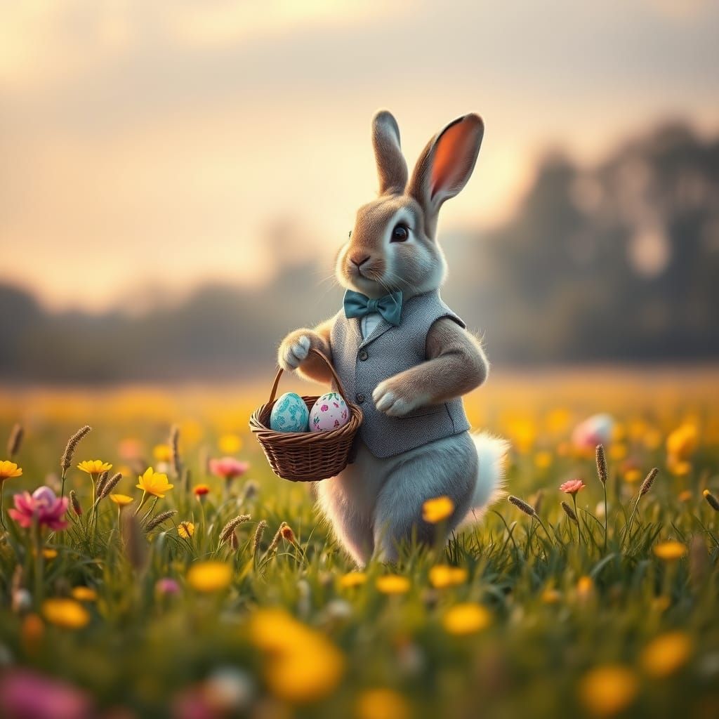 Magical Easter Bunny Strolls Through Sunrise Blooms