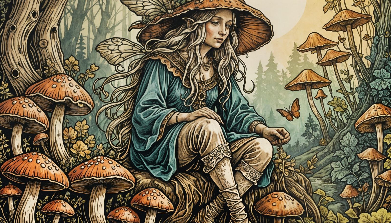 Aged Fairy in Albrecht Durer Woodcut Watercolor Style