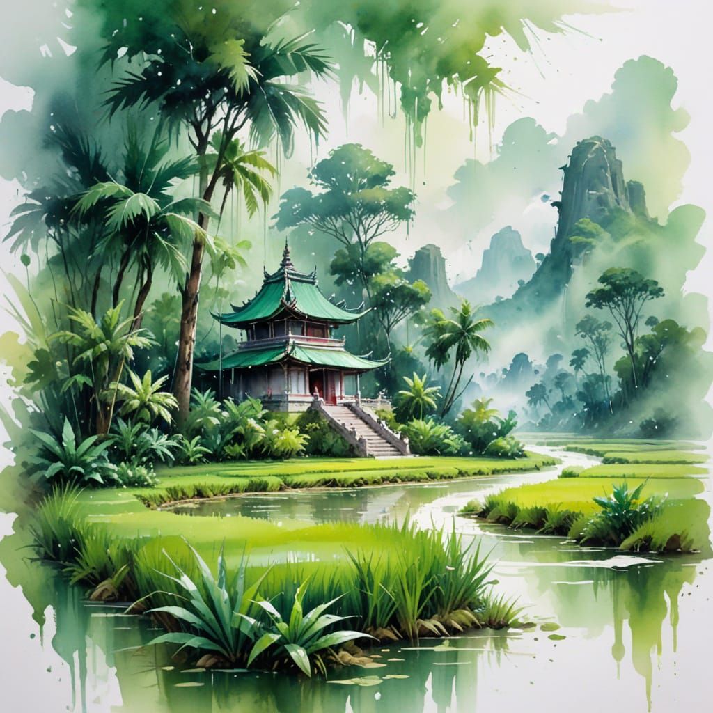 Monsoon Temple Among Emerald Rice Paddies