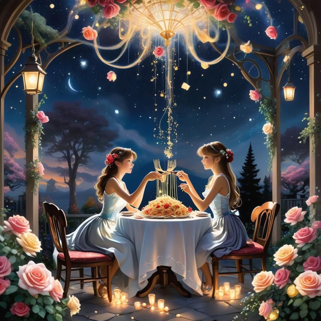 Romantic Celestial Dinner Scene in Anime Style
