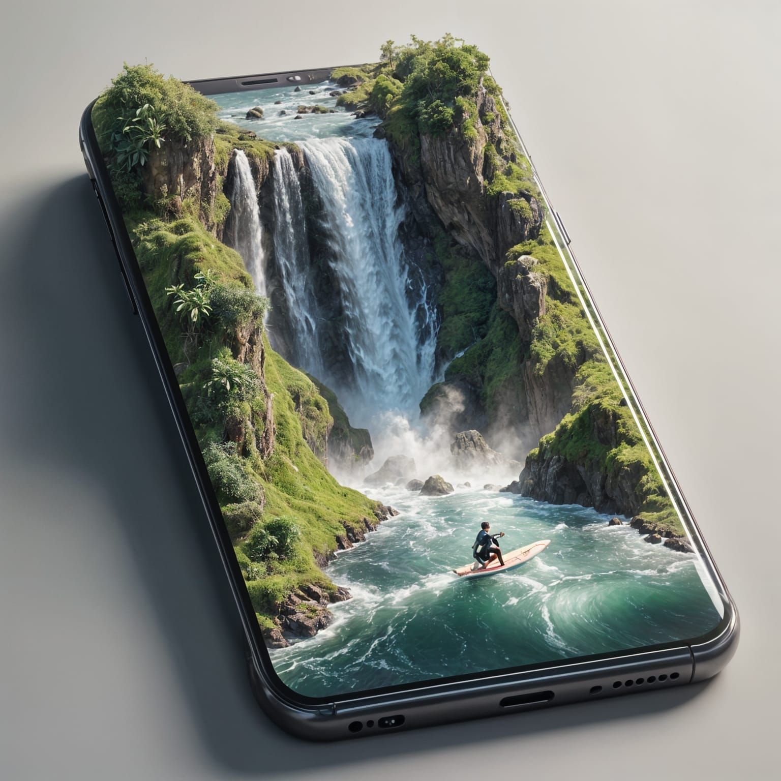 Smartphone Displaying Waterfall Landscape in 3D Rendering