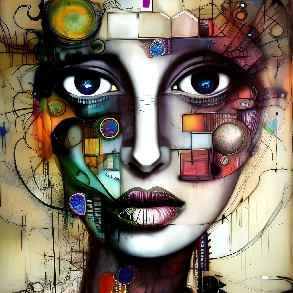 Madwoman Portrait with Geometric Abstractions, Ink Drips
