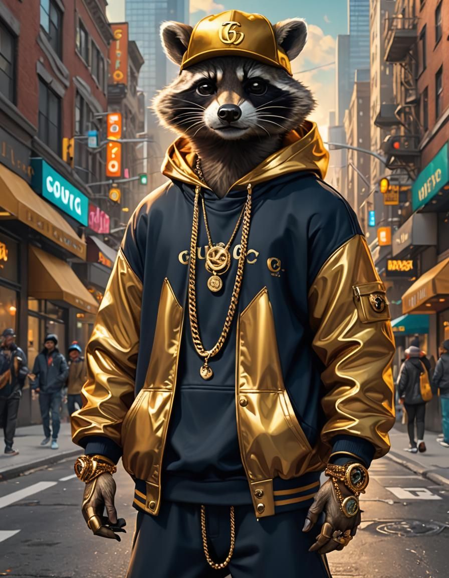 portrait anthropomorphic hip-hop raccoon rapper in gold chai...