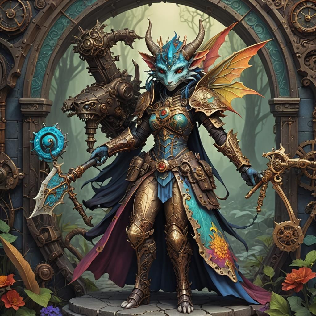 Dragonborn Fairy with Steampunk Weaponry in Gothic Art