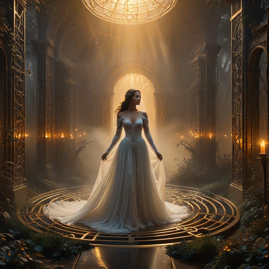 Ethereal Woman in a Dreamlike Metal Maze of Golden Splendor