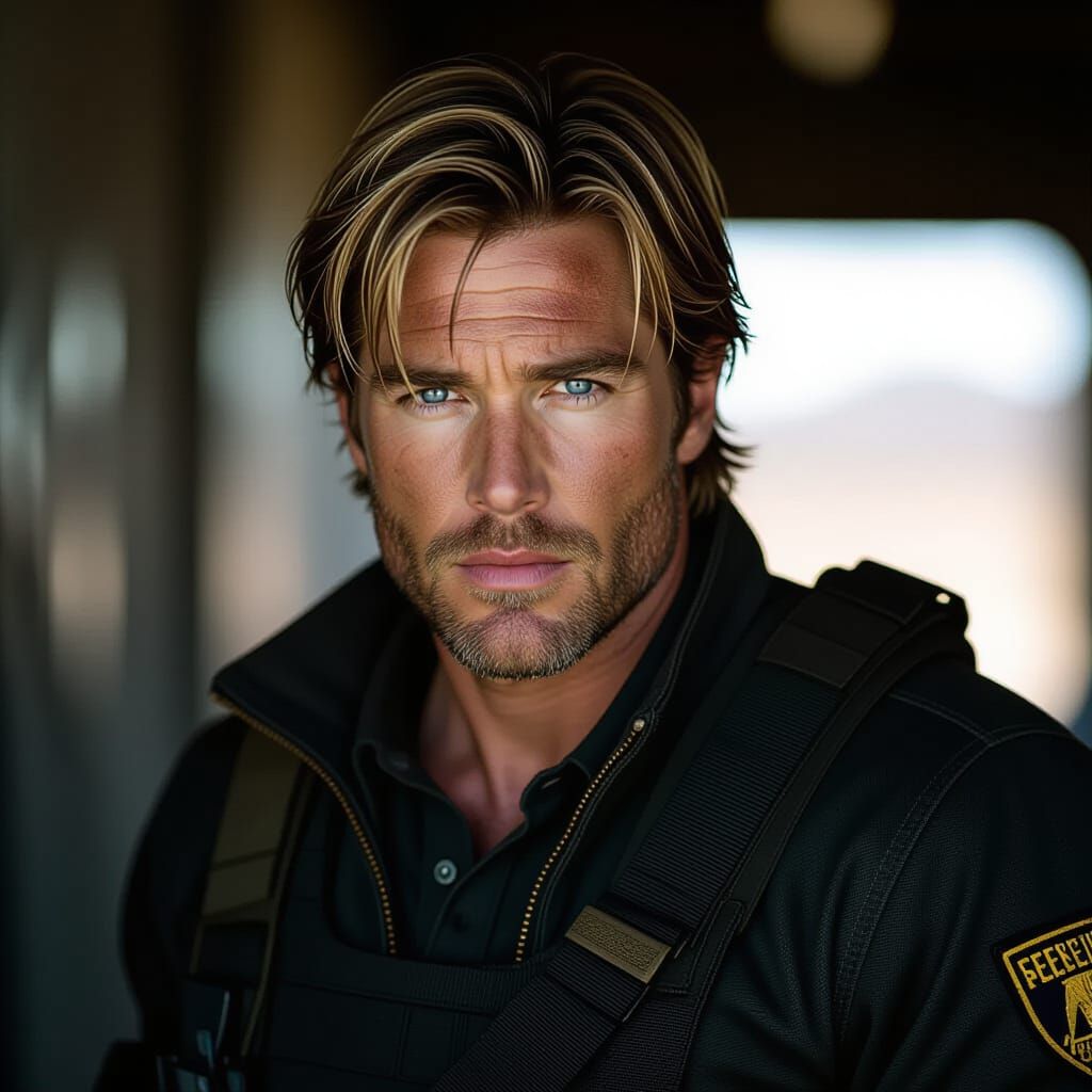 Leon Kennedy: Rugged Charm in Cinematic Film Still