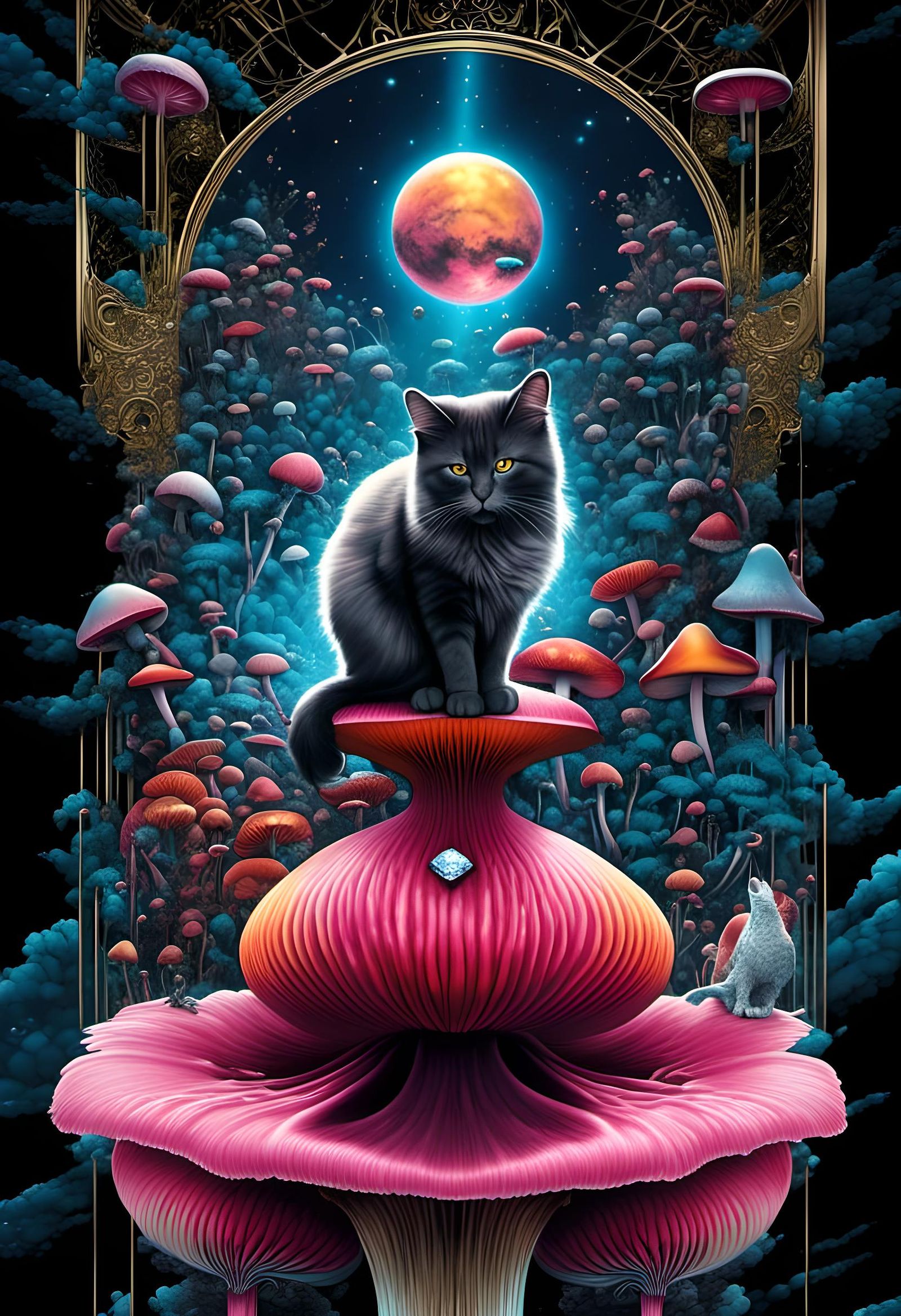 Fantasy Cat Under Magic Mushrooms Digital Art