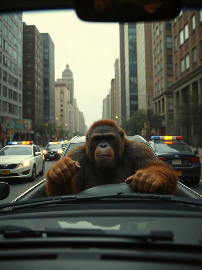 An very cool orangutan drives the get away car through the s...
