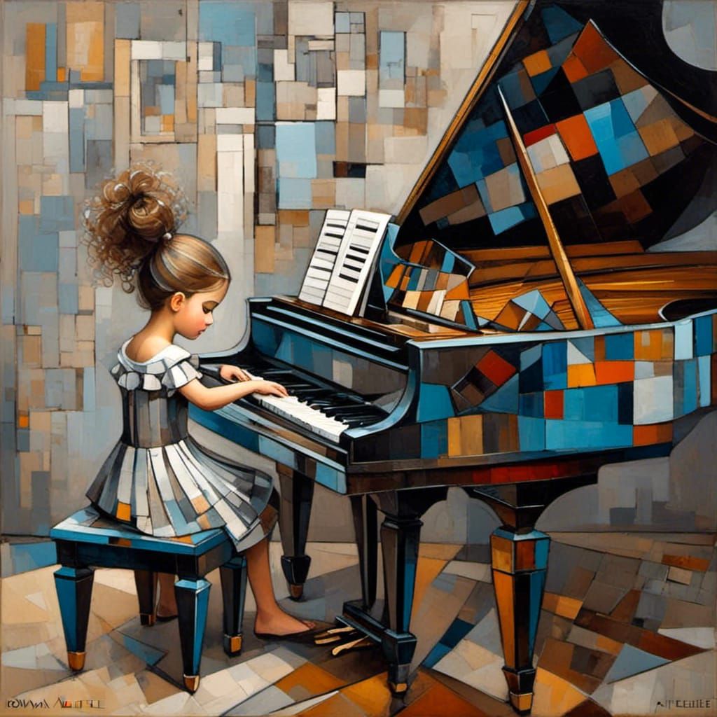Girl at Piano in Cubist Art Deco Style