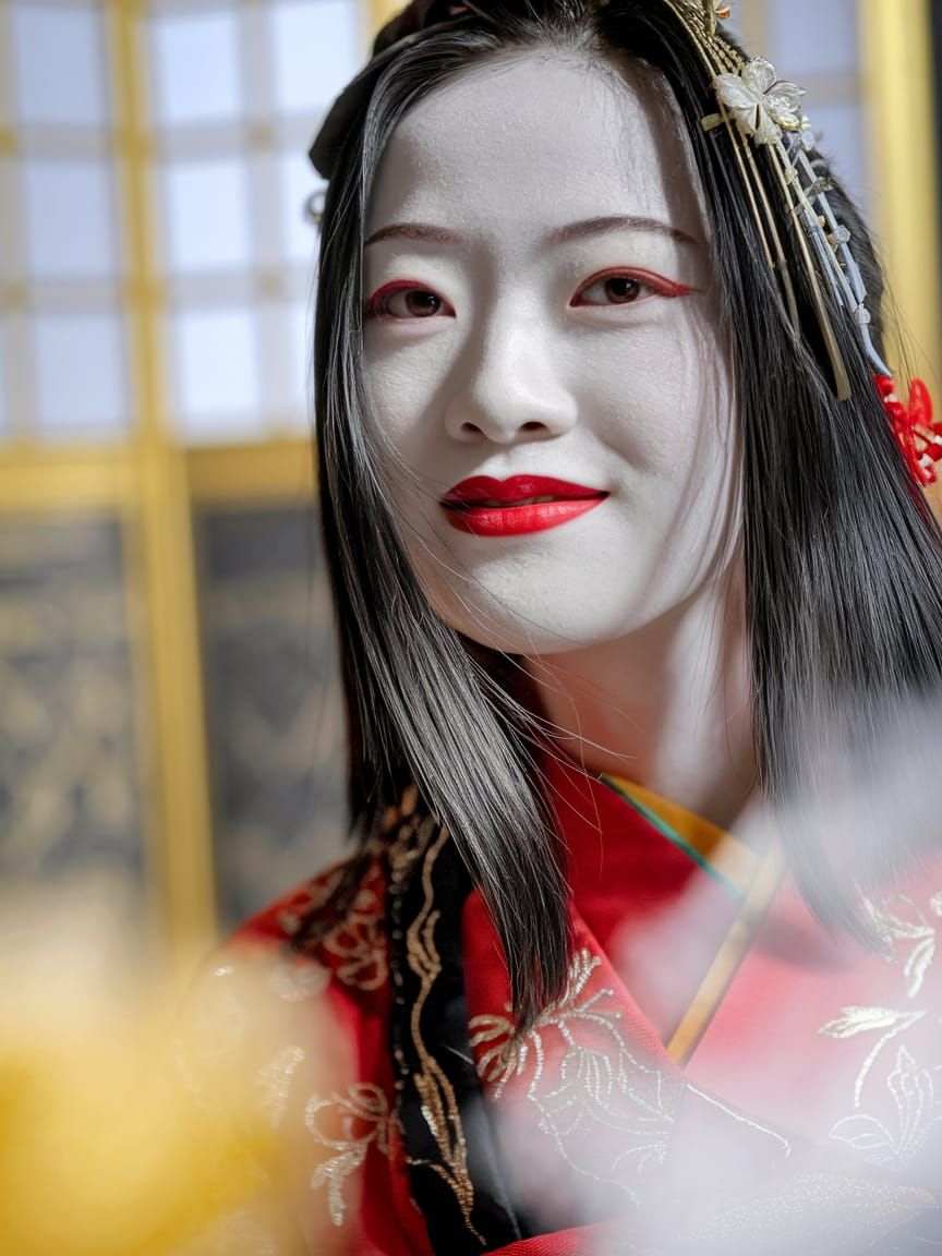 Exquisite Geisha in Elegant Red Kimono, Captured in a Stunni...