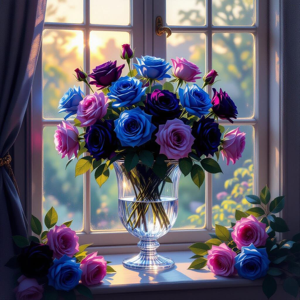 Midnight Roses in Crystal Vase, Art Nouveau Style