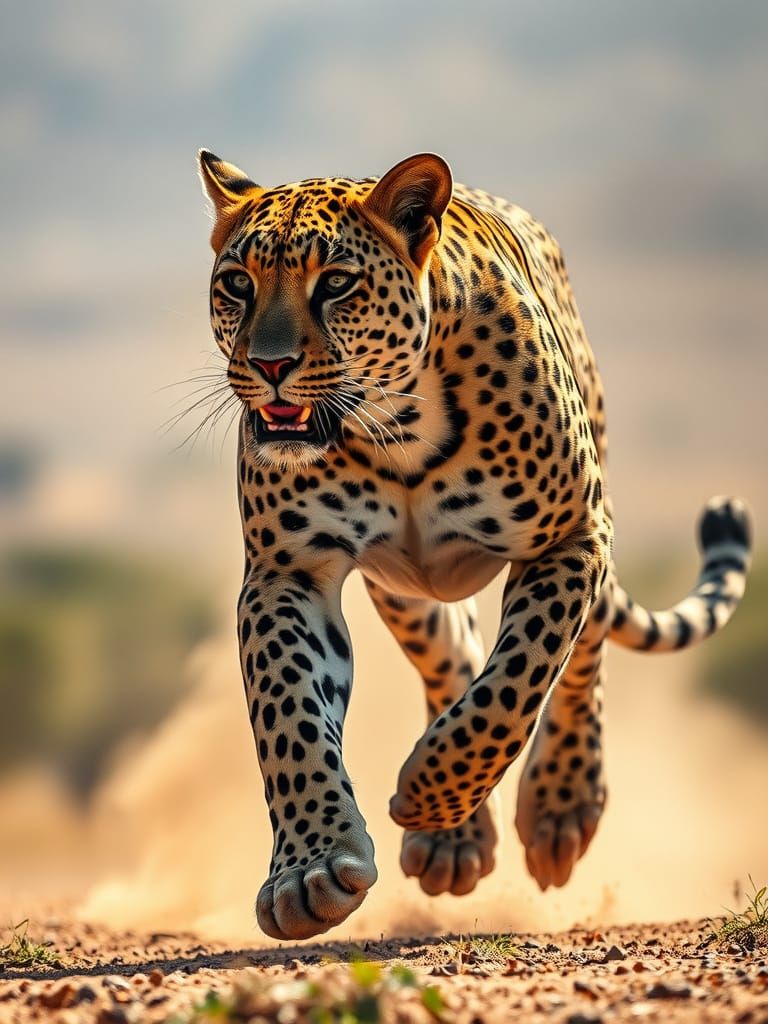 Majestic Leopard in Mid-Stride, Golden Fur with Black Spots,...
