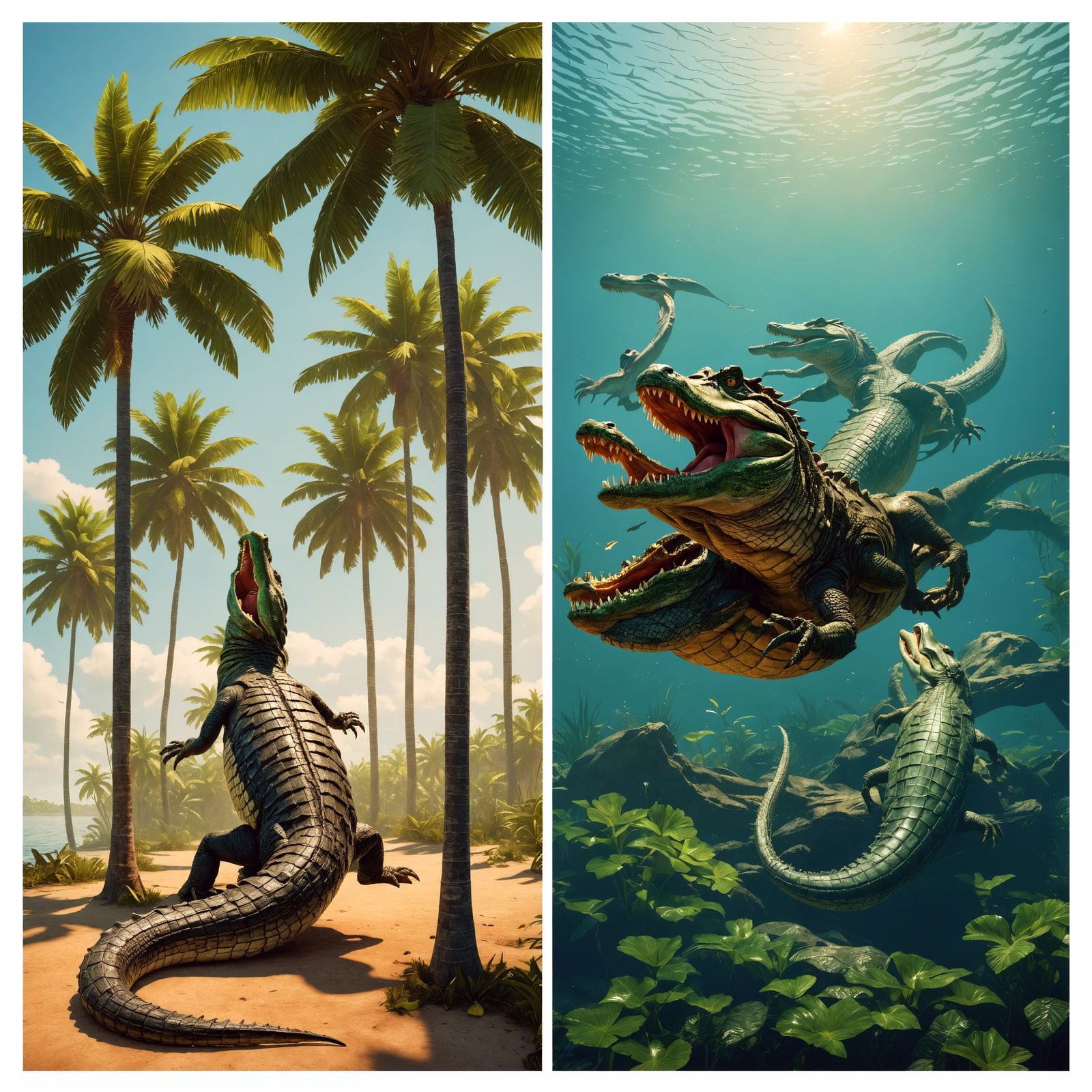 Florida Diptych Painting with Alligator and Mermaid in Gouac...