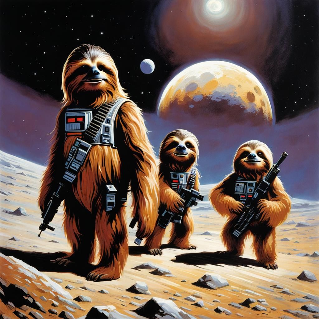 Chewbacca and Sloths on the Moon, Sci-Fi Art