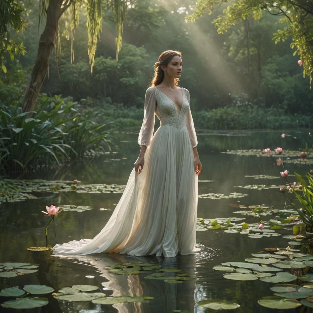 Woman in White Gown at Green Pond: Digital Painting