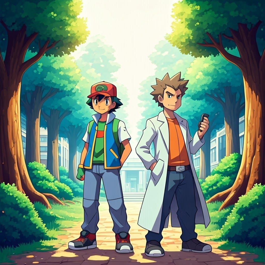 Ash and Gary in Viridian City, Digital Illustration