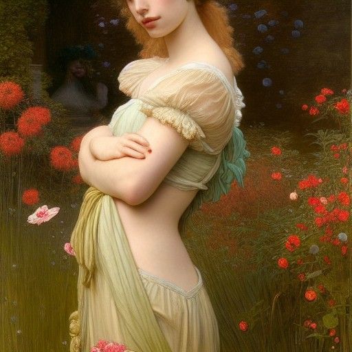 Emma Roberts in Ethereal Garden, Pre-Raphaelite Style