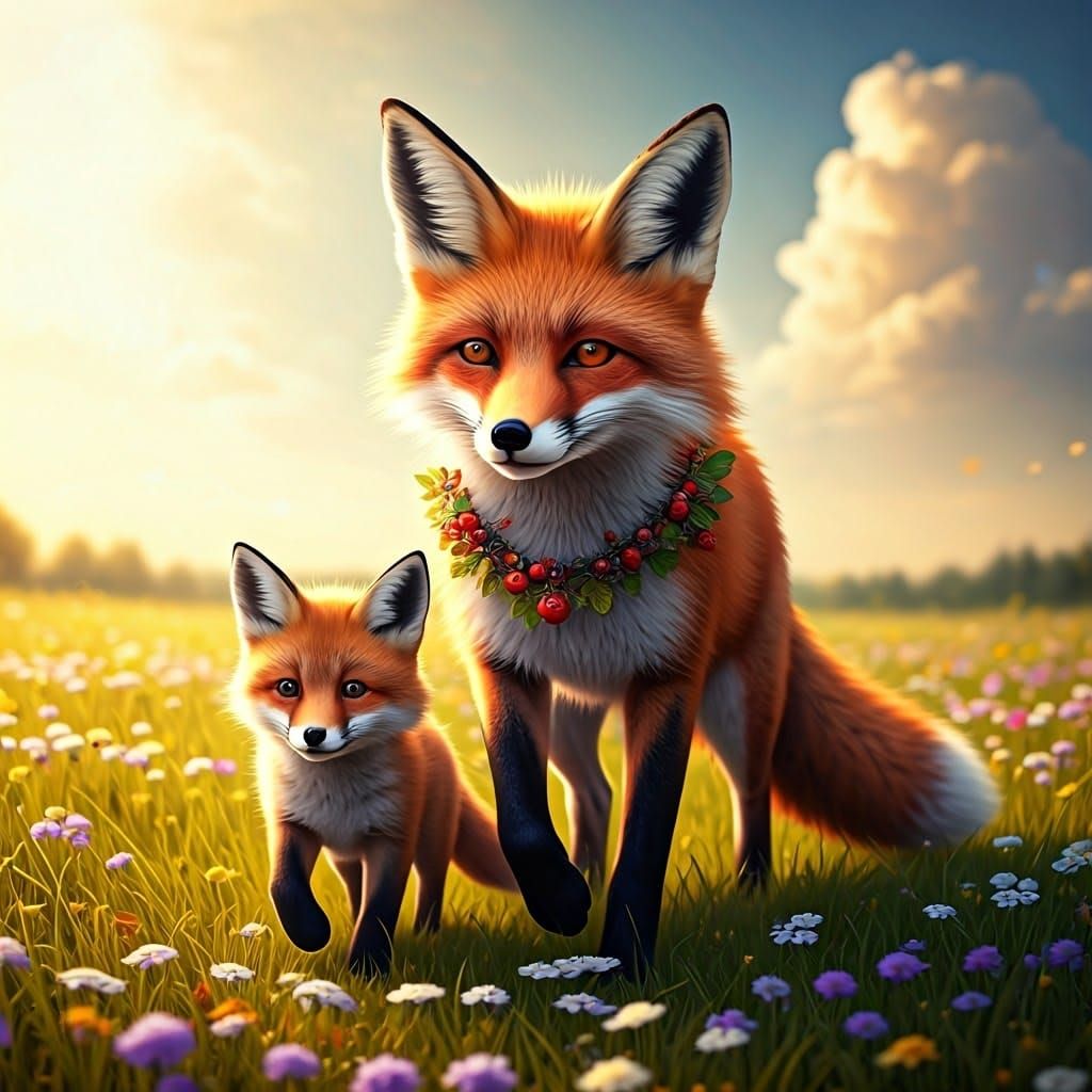 Majestic 3D Fox Family in Sun-Drenched Meadow