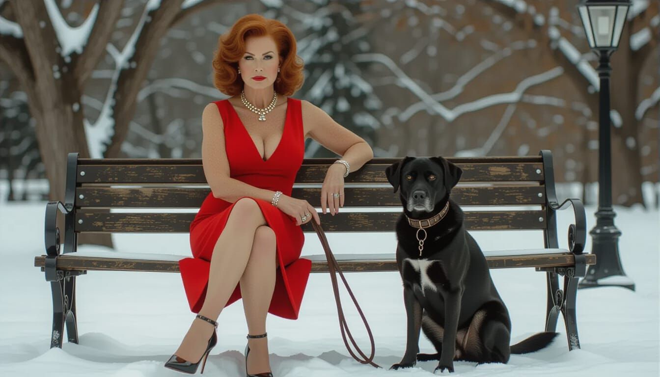 Stern Woman With Dog in Snowy Park, Realistic Style