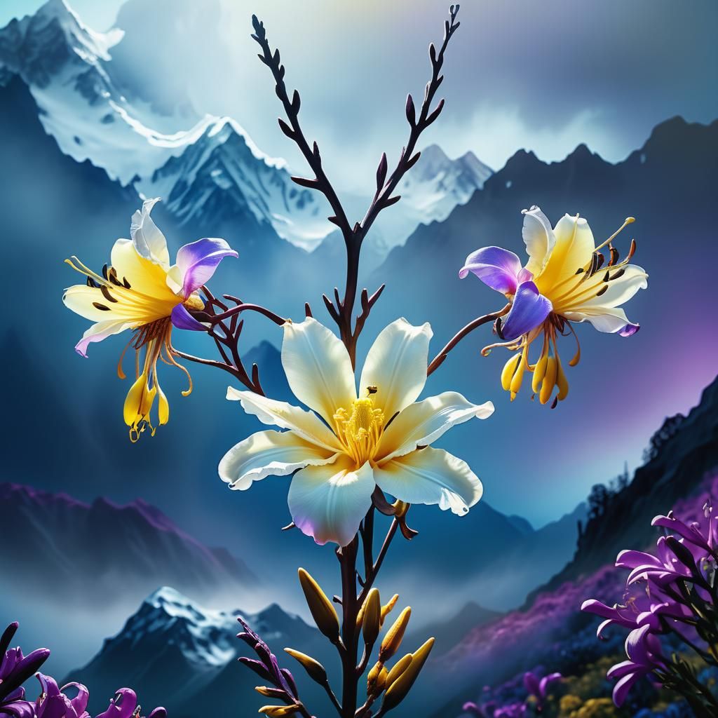 Kowhai Flower and Lily Bloom in Dreamy Landscape