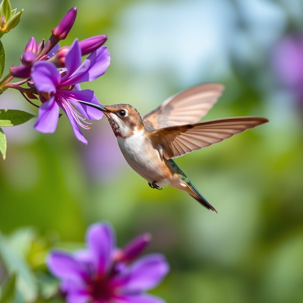 Hummingbird in Flight Feeding on Purple Flower