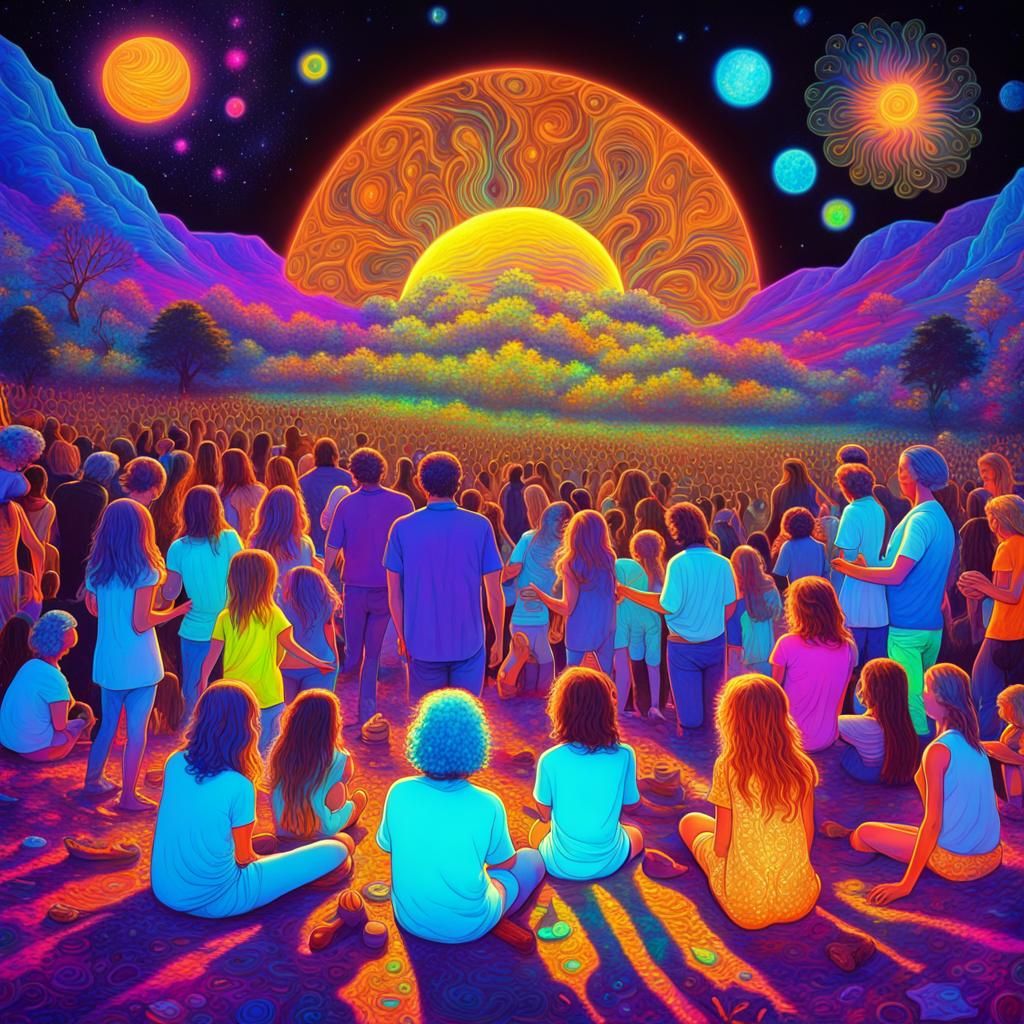 Psychedelic Woodstock Family Party Illustration