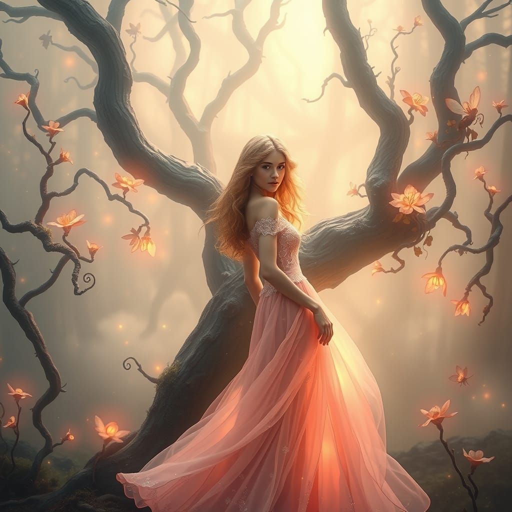 A surreal painting of a delicate Aurora standing in a mist-f...