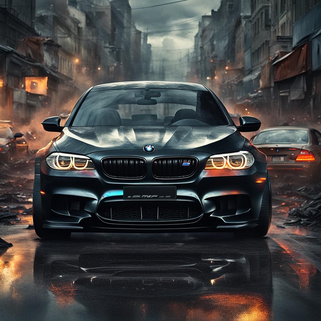Black BMW M5 Roaring Through Cloudy Cityscape