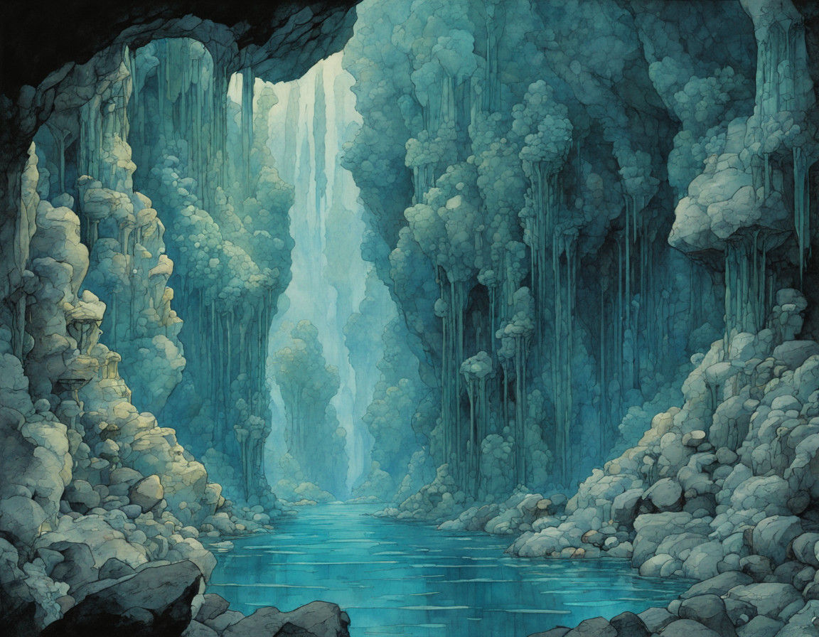 Dark Aquamarine Algae Cave: Art Deco Underwater Scene