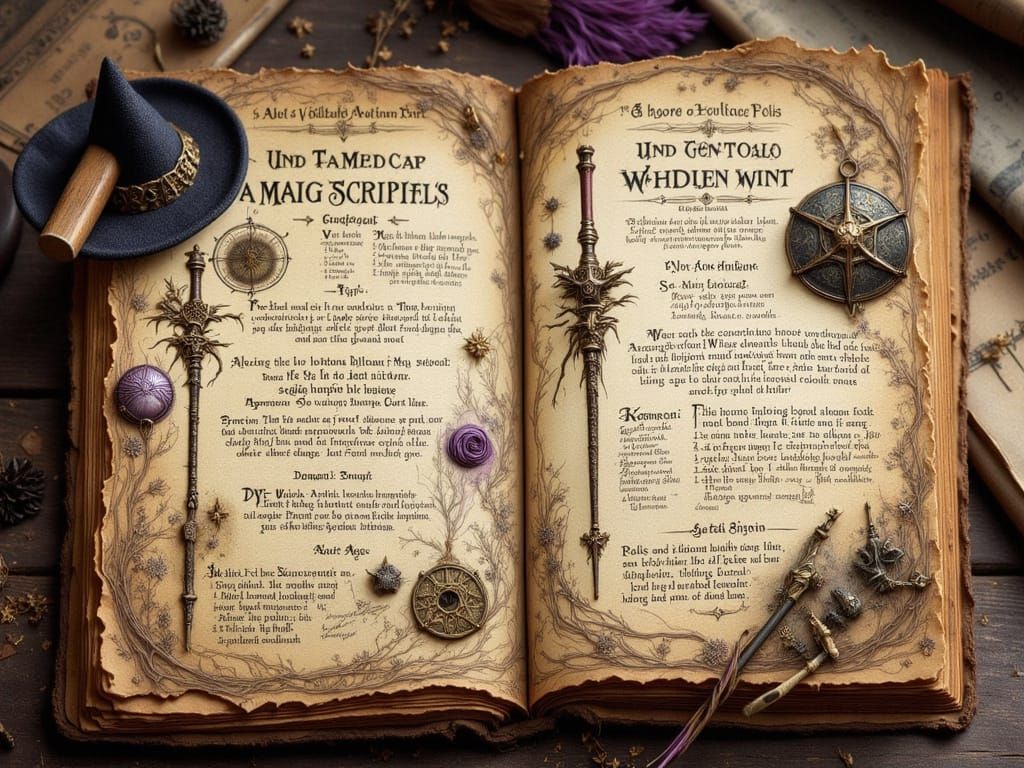 Antique Witchcraft Book with Potions and Dragons